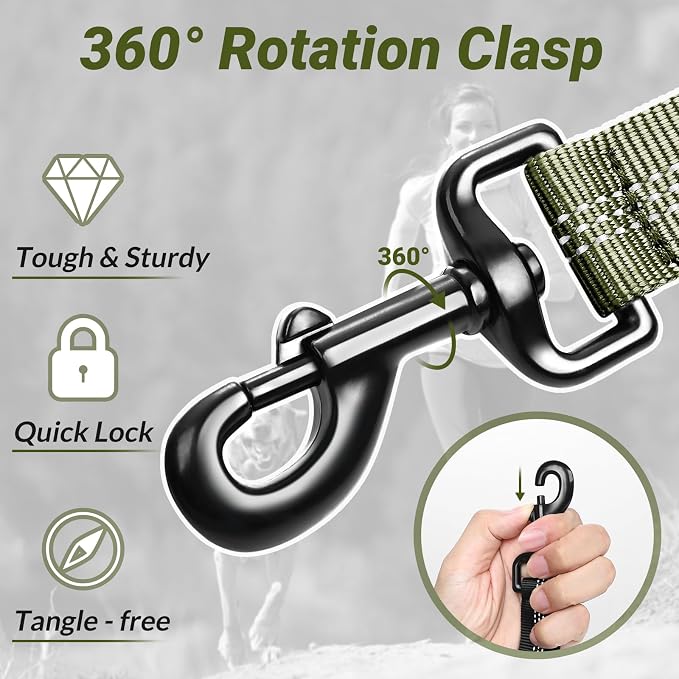 rabbitgoo Tactical Dog Leash, Heavy Duty Training Bungee Lead | Military Leash with 2 Padded Control Handles for Medium Large Dogs, No Pull for Shock Absorption, Reflective, Green, 5.2FT