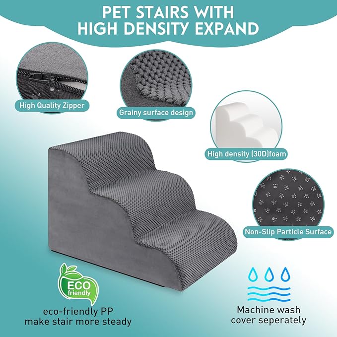 Dog Stairs for Small Dogs,15.7" H Pet Stairs 3-Steps Ramp for Puppy, Older Cat, Stairs with Whole 30D High Density Foam, Corduroy Fabric, Non-Slip Bottom Dog Steps for Bed and Couch (Grey, 3-Step)