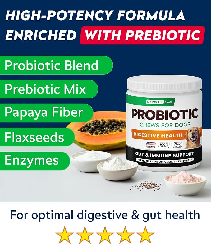 STRELLALAB Dog Probiotics Chews for Digestive Health & Gut Support with Yeast and Enzymes - Anti Gas, Diarrhea and Upset Stomach Immune Supplement - Digestion Treats with Fiber (180Ct, Bacon)
