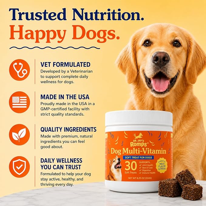 Dr Jay's Romps 10-in-1 Dog Multivitamin Soft Chews with Collagen, 30 Chews | Supports Joint, Skin & Coat, Immune & Digestive Health, For Dogs of All Ages & Sizes