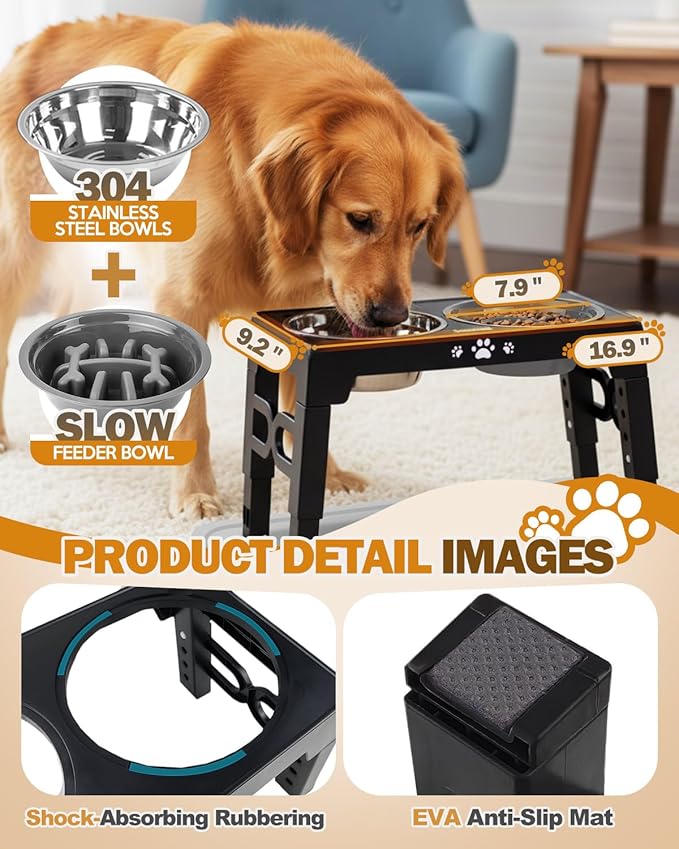 Jovrun Elevated Dog Bowls for Small Medium Large Size Dogs, Non-Slip Dog Feeder with 2 Food Water Bowls, 2-5 Heights Adjustable Raised Bowls Stand