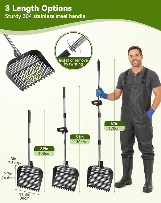 2-in-1 Chicken Poop Scooper & Rake, 12" Wide Metal Chicken Coop Scooper, 3-Way Adjustable Head, 39/51/67" Long 304 Stainless Steel Handle & Gloves, Non-Stick Sand Sifting Shovel for Backyard Farm Barn