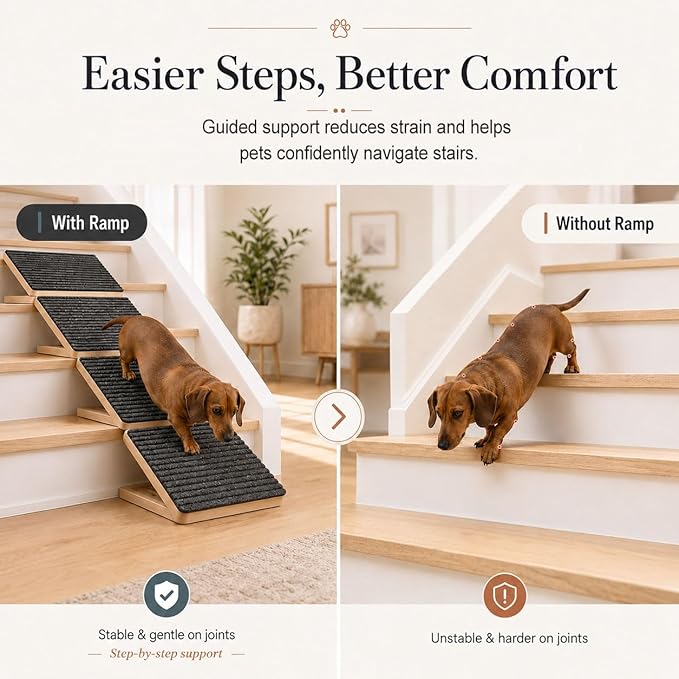 2 Pack Dog Ramp for Stairs - Solid Wood Adjustable & Foldable Pet Ramps, 3 Heights, Non-Slip Silicone Base & Traction Felt, 100lb Capacity, Indoor Stairs & Porch