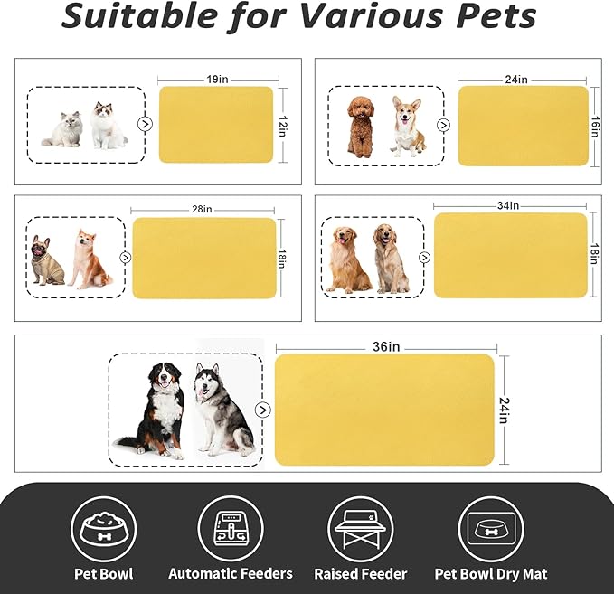 HotLive Dog Food Mat - Absorbent Cat Mat for Food and Water, No Stains Pet Feeding Bowl Mat, Easy to Clean Pet Placemats, Quick Dry Dog Water Dispenser Mat for Messy Drinkers | Yellow 18"x34"