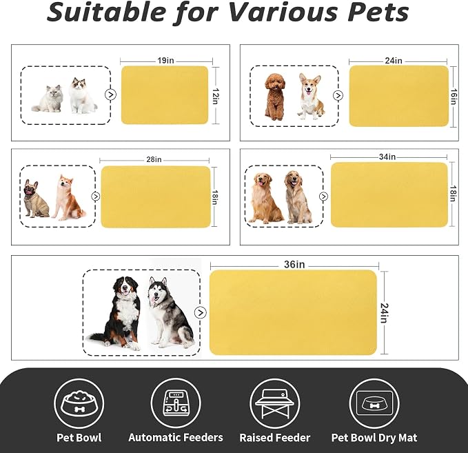 HotLive Dog Food Mat - Absorbent Cat Mat for Food and Water, No Stains Pet Feeding Bowl Mat, Easy to Clean Pet Placemats, Quick Dry Dog Water Dispenser Mat for Messy Drinkers | Yellow 24"x36"