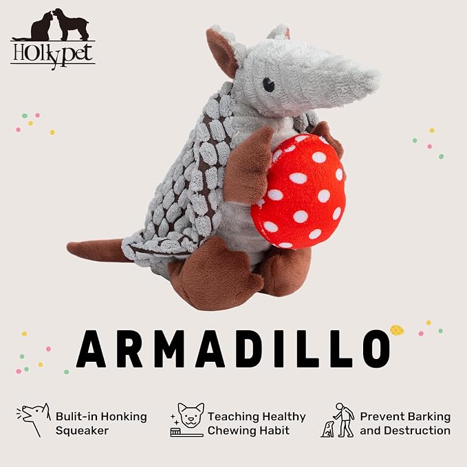 Hollypet Armadillo Squeaky Puppy Dog Toys for Small Medium Dogs, Red Egg | plush stuffed small dog squeak animal toy with unique grunt squeaker textured fabric for teeth cleaning toys