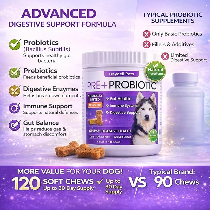 Freydell Pets Probiotics for Dogs– Digestive Enzymes, Prebiotics & Fiber Soft Chews – Gut Health, Diarrhea Relief, Yeast Balance, Immune Support, Pumpkin & Papaya – Dog Probiotic Supplement 120 Chews