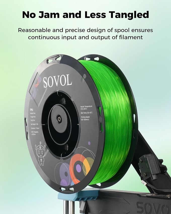 Sovol TPU Filament 1.75mm, 95A Soft TPU Flexible 3D Printer Filament with High Elasticity, 1kg (2.2lbs), Dimensional Accuracy +/- 0.03 mm, Fit Most FDM Printer, Clear Green