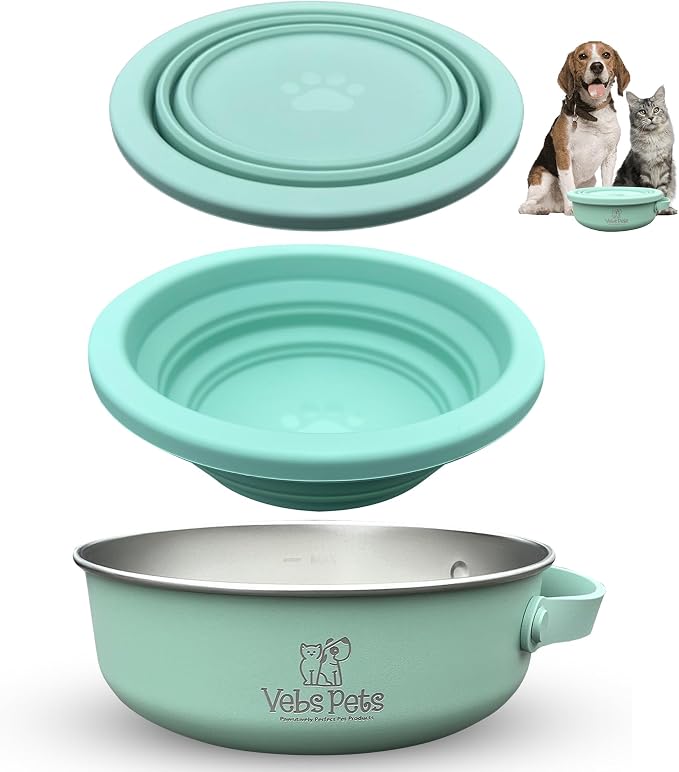 Vebs Pets Stainless Steel Dog Bowl with Collapsible Lid, Jade