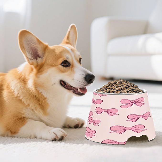 YETTASBIN Bow Pink Elevated Dog Bowls, Prevention of Vertebrae Disease Raised Dog & Cat Bowl Stand with Removable Stainless Steel Bowls, Non-Slip Spill-Proof Pet Food & Water Bowl Dish