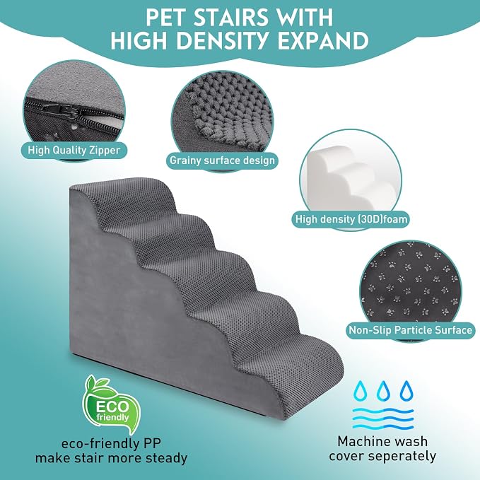 Dog Stairs for Small Dogs, 22.8" H Pet Stairs 5-Steps Ramp for Puppy, Older Cat, Stairs with Whole 30D High Density Foam, Corduroy Fabric, Non-Slip Bottom Dog Steps for Bed and Couch (Grey, 5-Step)