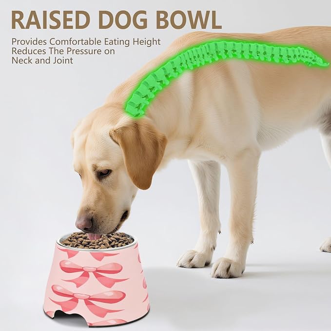 YETTASBIN Bow Pink Elevated Dog Bowls, Prevention of Vertebrae Disease Raised Dog & Cat Bowl Stand with Removable Stainless Steel Bowls, Non-Slip Spill-Proof Pet Food & Water Bowl Dish