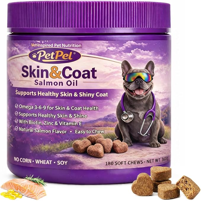 Skin & Coat Salmon Oil Soft Chews for Dogs - Omega 3, Biotin, Zinc & Vitamin E - Supports Healthy Skin, Shiny Coat, Itch Relief & Allergy Support - Natural Salmon Flavor 180+Chews