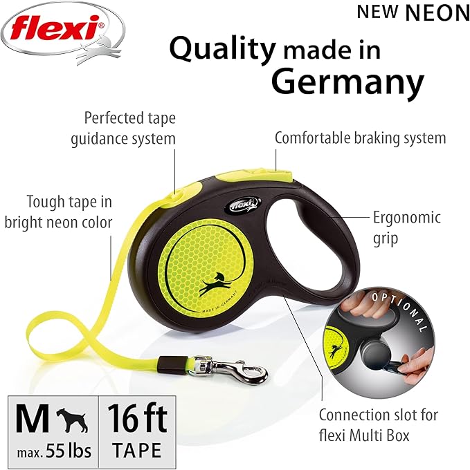 FLEXI® Neon Tape Retractable Dog Leash, Medium, 16 ft - Neon Yellow/Black | German engineered, original flexi leash, durable quality for dogs up to 55 lbs, tangle-free, walking, reliable brake system