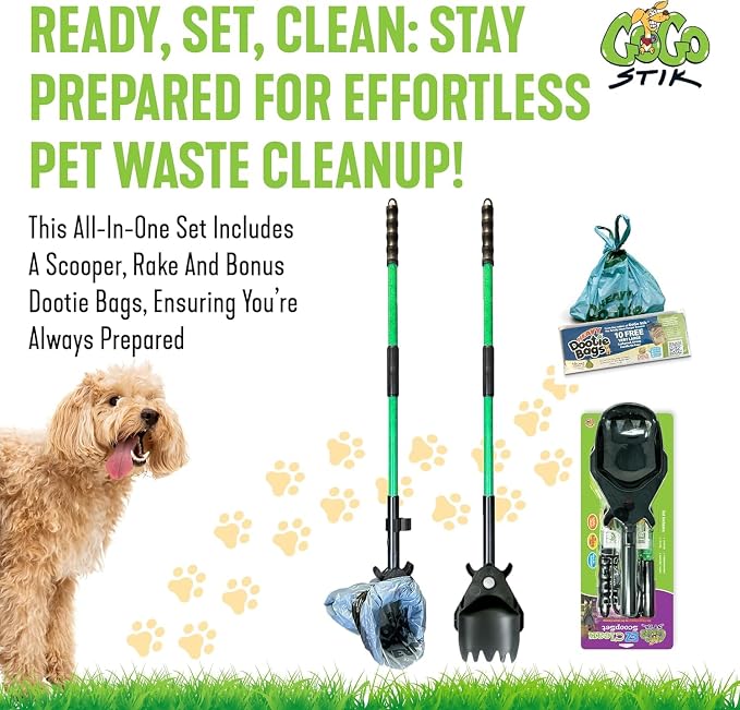 XP Pooper Scooper & Rake Set - Quick, Clean, & Convenient. 37" No Bend. 10 Free Heavy Dootie Poop Bags for Dogs. Strong & Lightweight for All Dog Poop Cleanup & Waste Removal