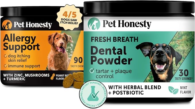 Allergy Itch Relief for Dogs + Dental Powder Virtual Bundle for Teeth Cleaning & Plaque Removal, Probiotics for Seasonal Allergies, Skin, and Coat Support