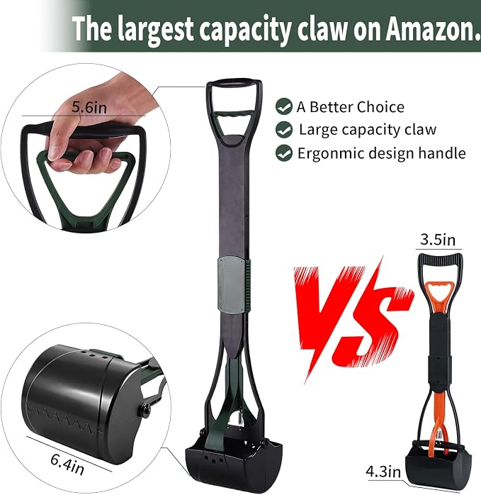 36" Tall Pooper Scooper for Large Dogs Heavy Duty, Long Handle Poop Scoop for Yard, Grass, Gravel, Dog Poop Grabber with High Strength Material and Extra Wide Grip(Dark Green)