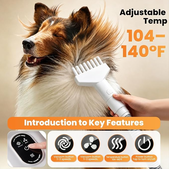 8-in-1 Dog Vacuum & Dryer Grooming Kit with Clipper, 3-Level Adjustable Speed & Temp,12000Pa Dog Vacuum for Shedding Grooming, 2.2L Dust Cup, 4.9ft Hose