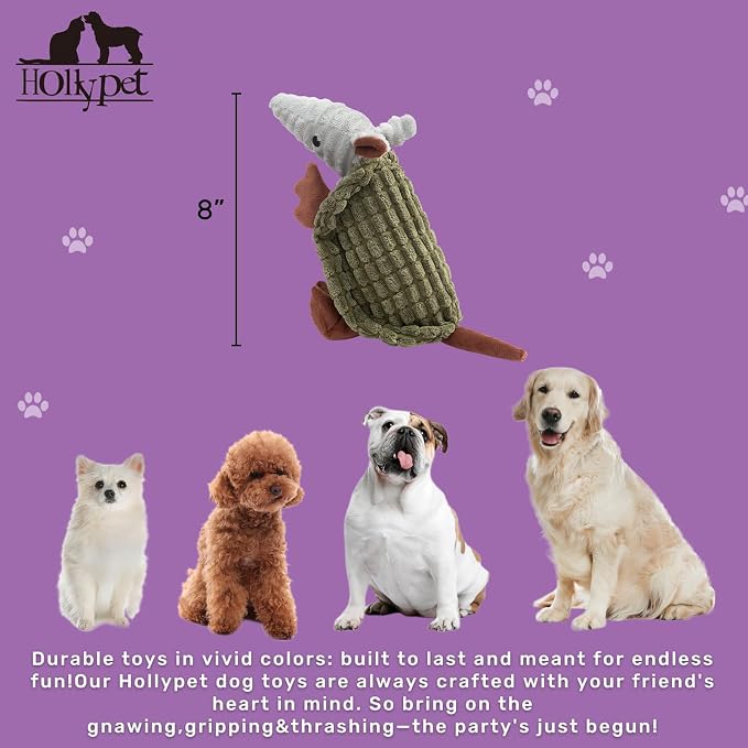 Hollypet Armadillo Squeaky Puppy Dog Toys for Small Medium Dogs, 8" | plush stuffed small dog squeak animal toy with unique grunt squeaker textured fabric for teeth cleaning toys