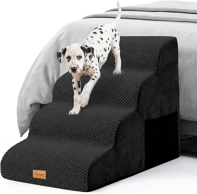 Topmart High Density Foam Dog Steps 4 Tiers,Extra Wide Deep Pet Steps,Non-Slip Dog Stairs Ramp for Bed,Soft Foam Cat Ladder,Best for Older Injured,Older Pets,Cats with Joint Pain