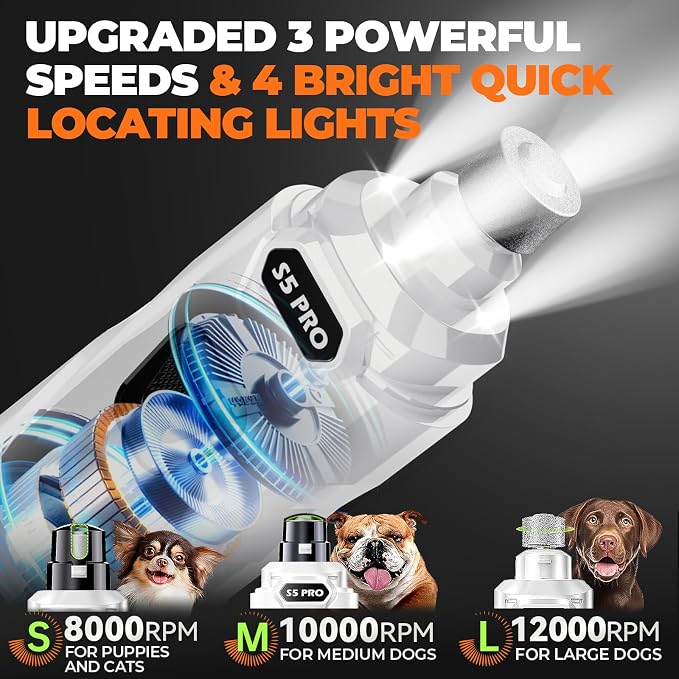 Whisper Quiet Dog Nail Grinder with 4 LED Lights, 3-Speed, White