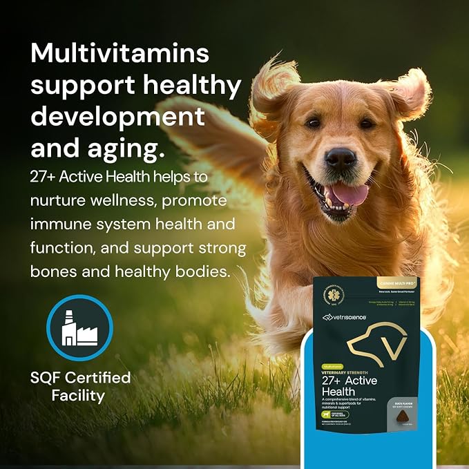VetriScience Veterinary Strength 27+ Active Health, Duck, 60 Chews | Comprehensive Dog Multivitamin for Dog Health & Wellness, Digestive Support