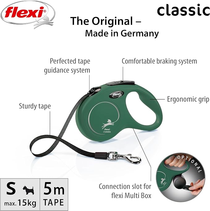 FLEXI - New Classic S Strap - Comfortable Braking System - Reflective Components - Adaptable to LED - Extendable Multi Box - 5 m - for Dogs up to 25 kg