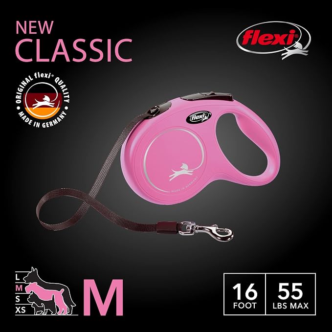 FLEXI® Classic Tape Retractable Dog Leash, Medium, 16 ft - Pink | German engineered, original flexi leash, durable quality for dogs up to 55 lbs, tangle-free, walking, reliable brake system
