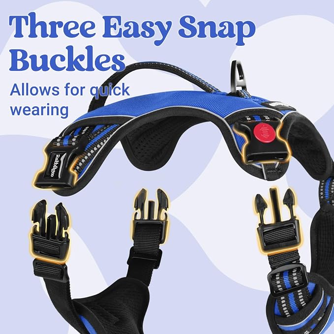 rabbitgoo Large Dog Harness, Easy Wear with 3 Buckles and Lift Handle | No Pull with Front Clip for Walking, Adjustable Soft Padded, Reflective, Easy Control, Blue, Small