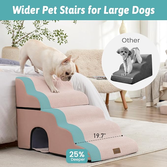 COZY KISS Small Dog Stairs with Tunnel, 5 Step Pet Ramp for High Bed | Curved Stable Dog Step for Puppy, Older Cat, Senior, Medium, Short-Legged Dog, Non-Slip Ladder for Car, 22.4" H, Pink