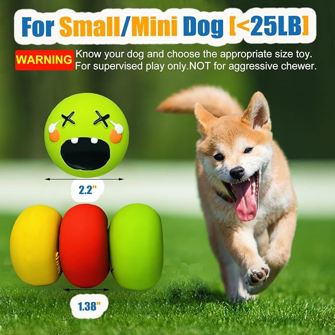 HOLYSTEED Latex Squeaky Dog Toy for Small Dogs, Mini Breeds, 2.2" Flat Ball | 2.2"*2.2"*1.38", 6pcs Flat Dog Squeaky Balls, Smile Face Rubber Puppy Toys, Interactive Pet Toy with Squeaker Indoor, Outdoor