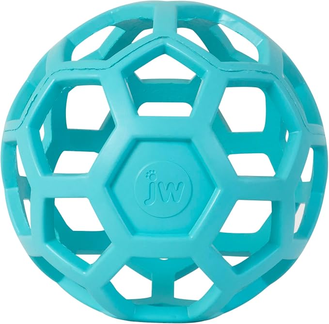JW Pet HOL-ee Roller Dog Puzzle Ball, Large 5.5in, Natural Rubber, Blue | Puzzle Ball Design Dog Toy for Interactive Play and Chasing Fun