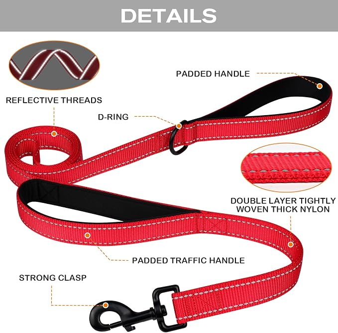 Joytale Dog Leash for Large Dogs that Pull, Double Handle, 5FT, Red | Traffic Handle for Control, Padded Handle Reduces Hand Strain, Reflective Stitching for Night Safety, Strong Nylon Webbing