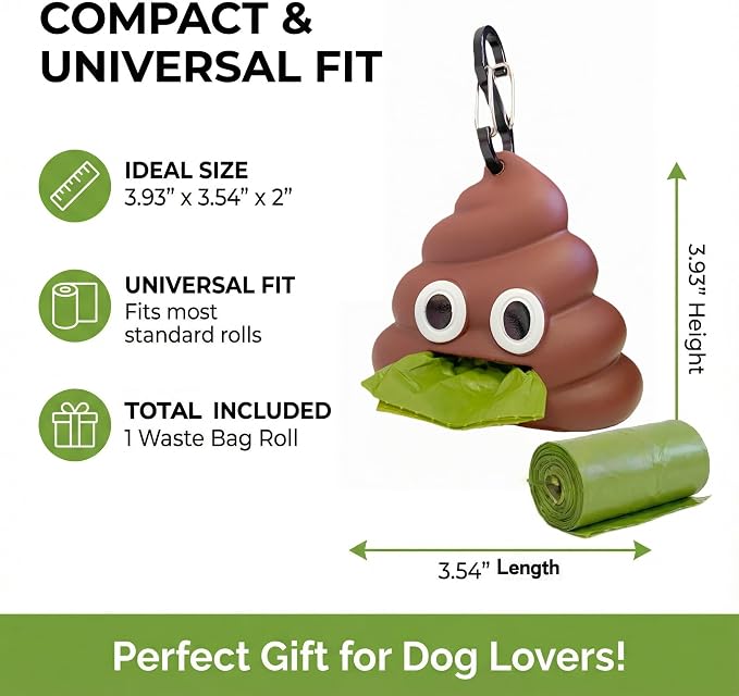 Dog Poop Bag Holder for Leash, Cute Poop Shape Design, Sturdy Dispenser Includes 1 Roll 15 Waste Bags