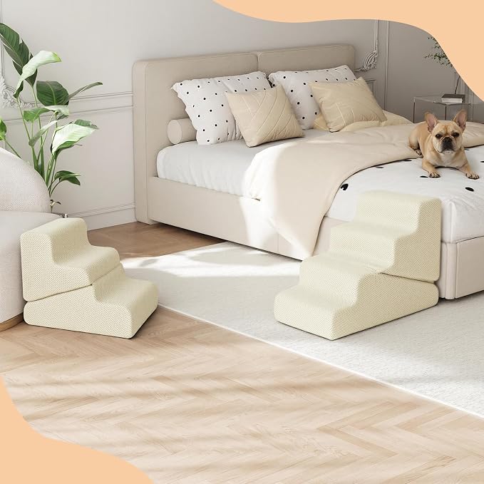 Dog Ramp for Bed, 23" H Dog Stairs for High Bed, 2 in 1 Pet Steps for Small Dogs, 5-Step Foldable Transformable Large Cats Ramp to Get on Couch, Non-Slip Balanced, Beige