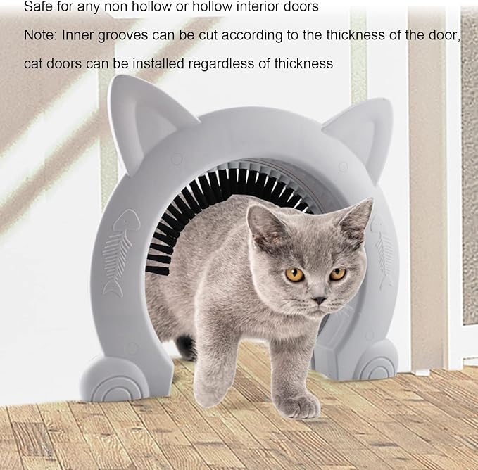 Cat Door Interior Door with Grooming Brush,Cat Brush for Long or Semi Short Haired for Shedding Removing Loose Fur and Massage (White)