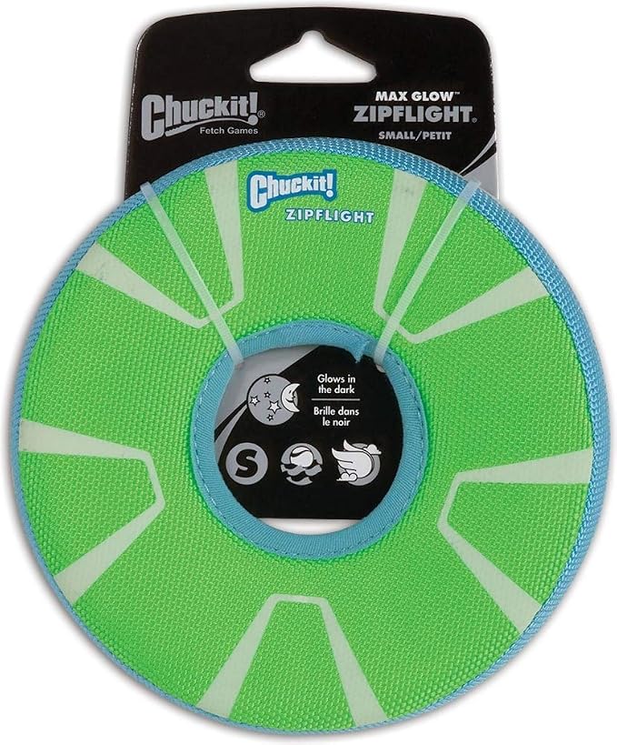 Chuckit! Max Glow Zipflight Flying Disc Dog Toy, Small (6"), Green and White