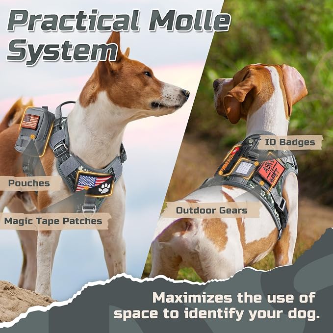 rabbitgoo Tactical Dog Harness for X-Large, No Pull Military Service Vest | Molle & Handle, Heavy Duty, Adjustable, Reflective Straps, Easy Control for Training Walking, Grey Camo, X-Large