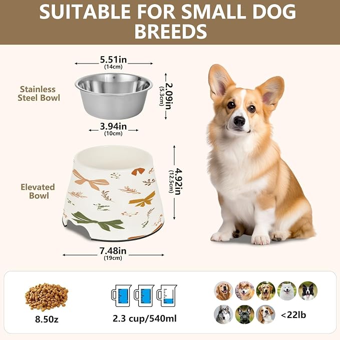 Blueangle Elevated Dog Bowls with Stainless Steel - Non-Slip 2.3 Cup High Capacity Pet Dish for Spinal Health & Autumn Bows Design（184）