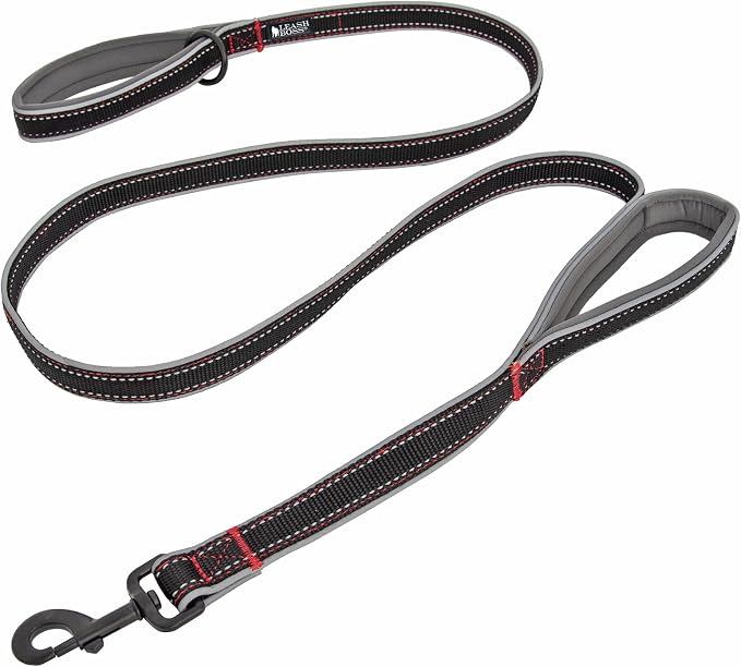 Leash Boss Double Handle Dog Leash - 6 Ft Reflective with Two Padded Handles for Large or Medium Dogs That Pull (Black/Gray)
