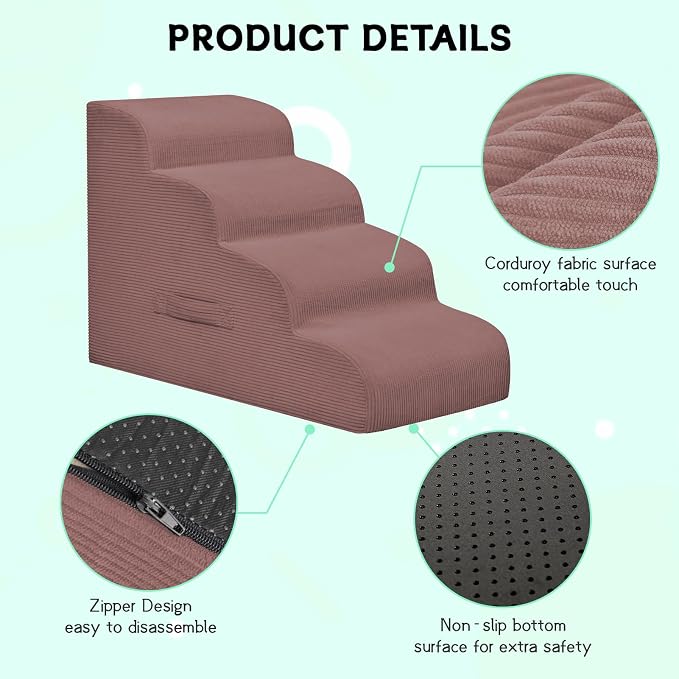 Mesa Lemon Dog Steps for Small Dogs, 4-Step Pet Ramp Stairs for High Beds and Sofa, Non-Slip Pet Stairs for Small Dogs and Cats, Removable and Easy to Clean Cover, Pink