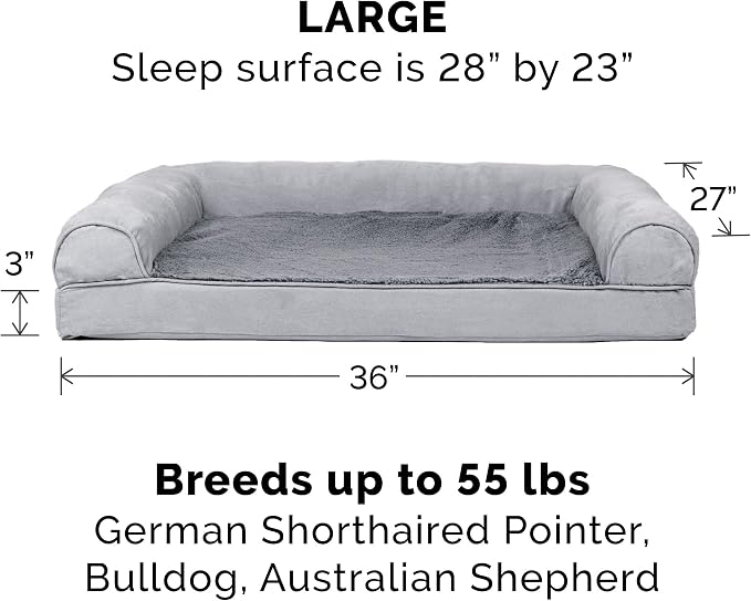 Furhaven Memory Foam Dog Bed for Large/Medium Dogs w/ Removable Bolsters & Washable Cover, For Dogs Up to 55 lbs - Plush & Suede Sofa - Gray, Large