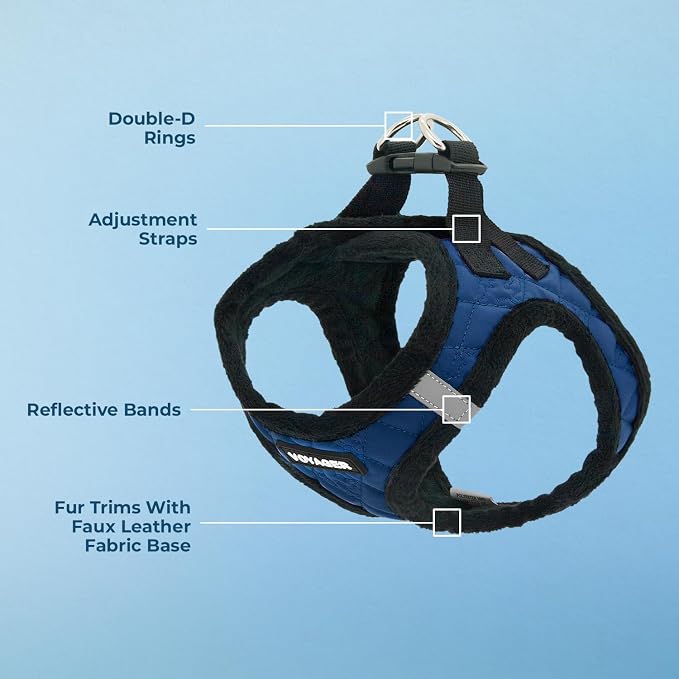 Voyager Step-in Plush Dog Vest Harness -Royal Blue Faux Leather, X-Small | 13 - 14.5" in Chest, Soft Plush, Reflective Bands, Cold-Weather Harness, Cats Compatible. Step-In Style,