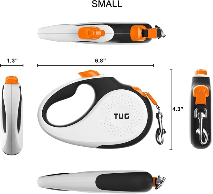 TUG Original Retractable Dog Leash, 16 ft (Small, White/Orange) | 360° Tangle-Free Retraction, 16 ft Tape, Quick Thumb Lock, Anti-Slip Handle, For Dogs Under 35 lbs