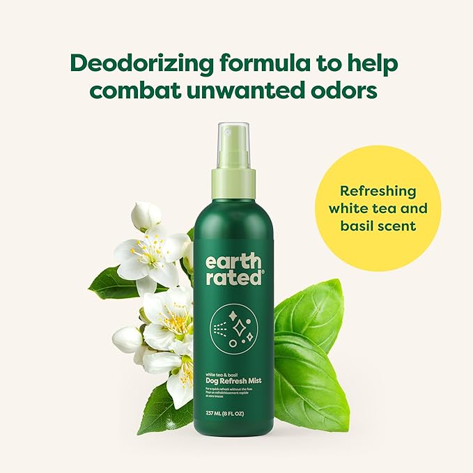 Earth Rated Dog Deodorizing Refresh Mist Spray, White Tea & Basil, 8oz | Conditioner Spray, Odor-Eliminating Perfume for Dogs, for All Coat Types
