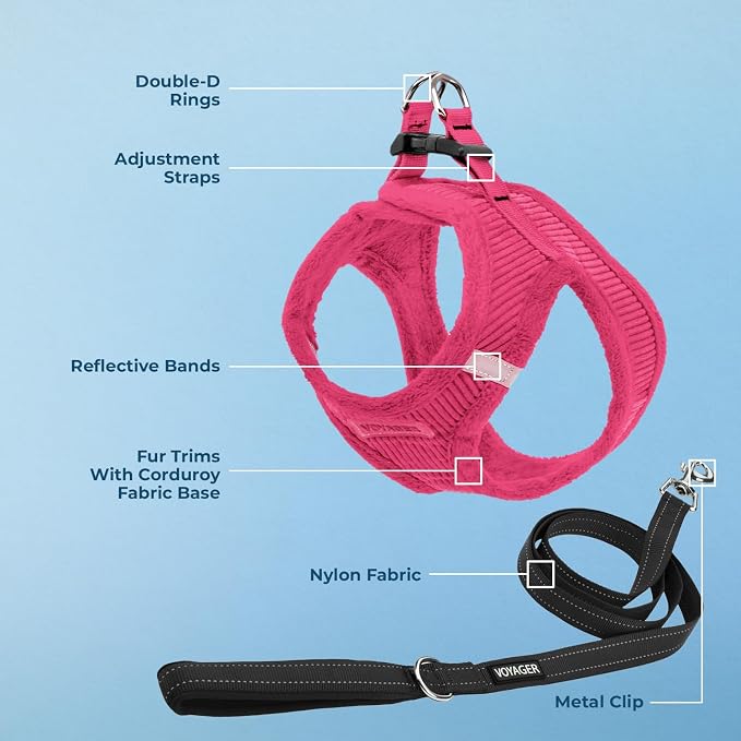 Best Pet Supplies Voyager Step-in Plush Dog Harness - Soft, Step in Vest Harness and Reflective Dog 5 ft Leash Combo with Neoprene Handle for Small and Medium Dogs, Fuchsia Corduroy, XL
