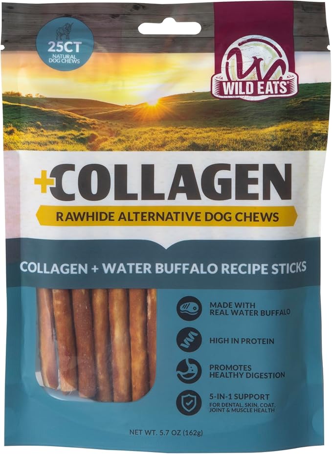 Wild Eats Water Buffalo Collagen Sticks for Dogs (25 Pack, 0.6 cm Wide) Long Lasting Dog Chews, No Hide Dog Treat Bully Stick Alternative, Rawhide Free, Grain Free, High Protein