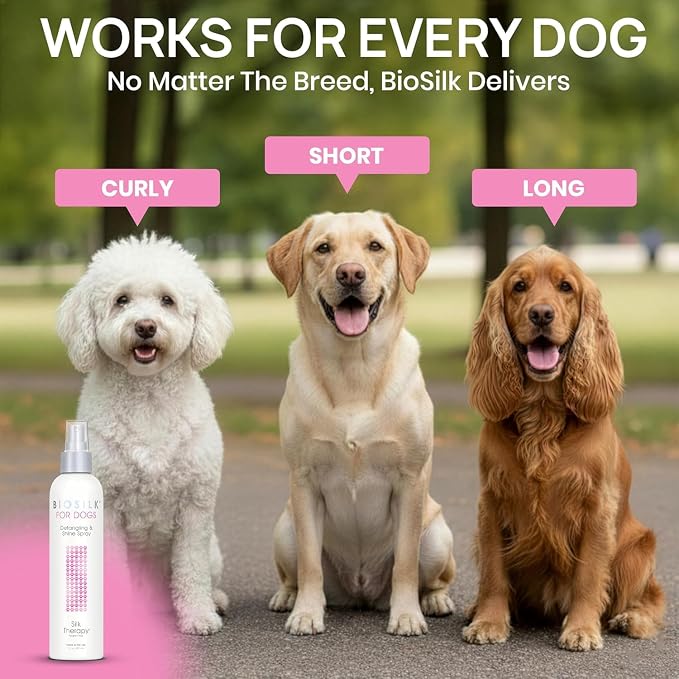 BioSilk for Dogs Silk Therapy Detangling and Shine Spray, 8 Fl Oz, 6-Pack | pH-balanced, paraben-free leave-in mist with silk and vitamins, dematting spray for all coats and breeds