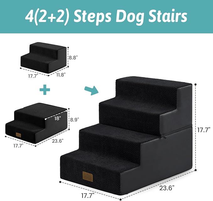 COZY KISS Dog Stairs for Small Dogs, 4 Tier Removable Wider Pet Stairs for Couch and Bed, 17.7" H Dog Steps for Old Cats, Puppy, Small Dogs, 17.7x23.6x17.7 inch, Black