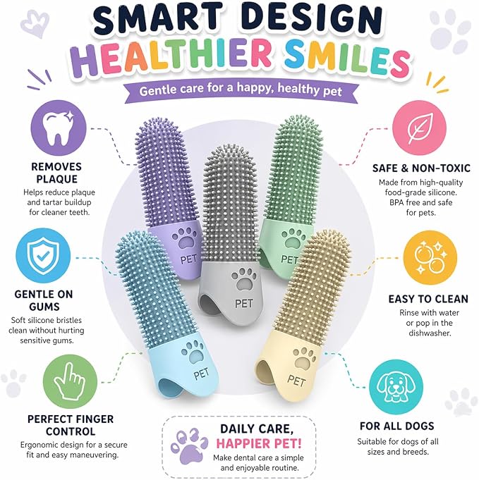 Dog Toothbrush Finger Silicone | Pet Dental Cleaning Brush for Dogs & Cats | Soft Bristles Oral Care | Finger Toothbrush for Pets (Yellow)